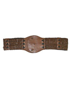 Woven Brown Faux Leather Wide Waist Belt Studded Snap Women Boho Fairy READ